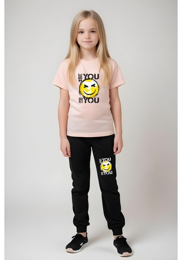 Be You Emoji Baskılı Kız Çocuk Tişört Ve Eşofman Alt-üst Takım Somon