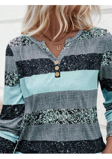 Tua Moda Kadın Uzun Kollu Yakadan Düğmeli Çizgili Desenli Süprem Bluz Mavi