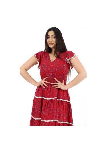 Schık Kadın Viskon Yarım Kol V Yaka Gipeli Elbise Bordo Bordo