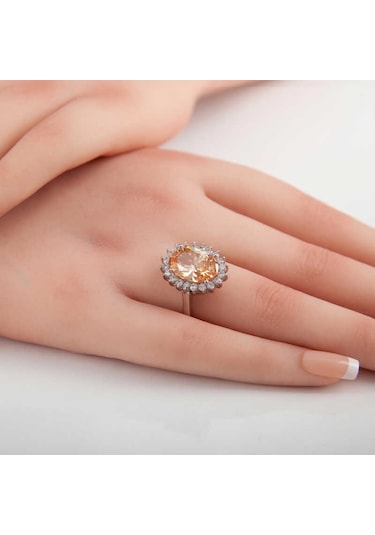 Gümüş Turuncu Taşlı Oval Kadın Yüzük