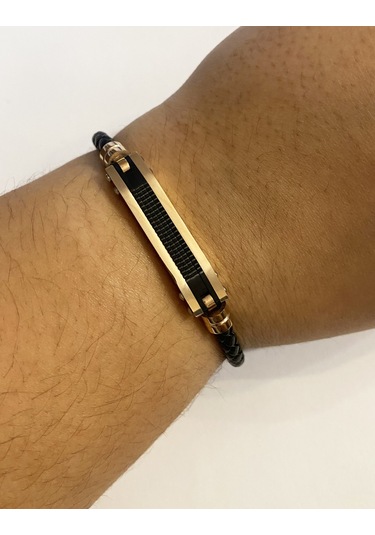 Erkek Rose Renk Detay Örgü Model Deri Bileklik Rose Gold