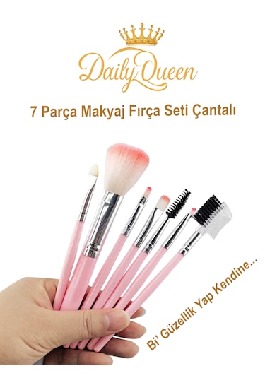 Daily Queen 7 Parça Makyaj Fırça Seti Penbe Deri Çantalı Lüx Ve Kaliteli