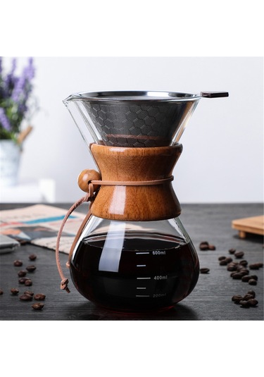 Ranyeek 600ml Cam Filtre Kahve Döküm Potu, Paslanmaz Çelik Filtre, Ahşap Kollü, Kağıt Gereksiz, Isıya Dayanıklı, Ev Ve Ofis İçin Diğer