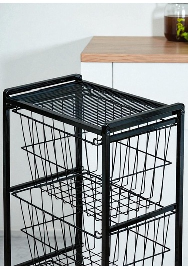 Dekoratif Siyah Metal Sebzelik 3 Raflı Tel Sepetli Çok Amaçlı Stand Siyah