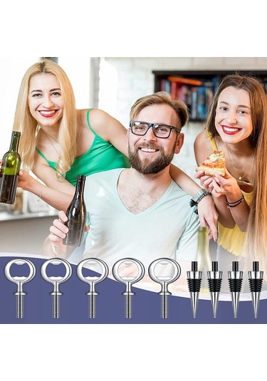 Moly 10 Adet Şarap Tıpası Ve 5 Adet Şişe Açacağı Seti Gümüş Metal Gümüş