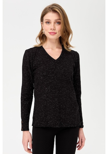 Kadın V Yaka Kolları Düğmeli Simli Bluz Siyah Siyah