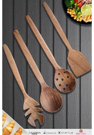 Doğal Ceviz Ağacı Ahşap Tahta Kaşık Seti Ağaç Kaşık 4lü Set 12 Ahşap