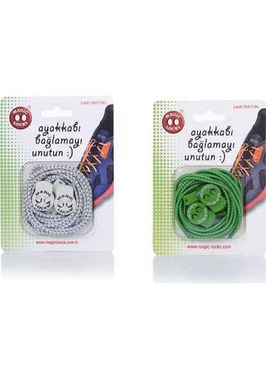 Magic Locks Yuvarlak Akıllı Ayakkabı Bağcık 2'li Set Beyaz-Yeşil