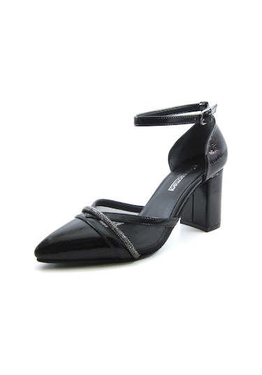 Molly Siyah Rugan Taşlı Fileli Kalın Topuklu Ayakkabı Siyah Rugan