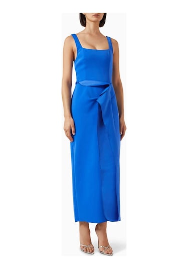 Acler Tuthill Midi Elbise - Scuba Kumaş - Ön Yırtmaçlı - Çizgili Korse - 100% Polyester Mavi