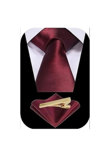 Tezzgelsin Erkek Saten Kravat Mendil ve Gold Çelik Kravat İğne Bordo