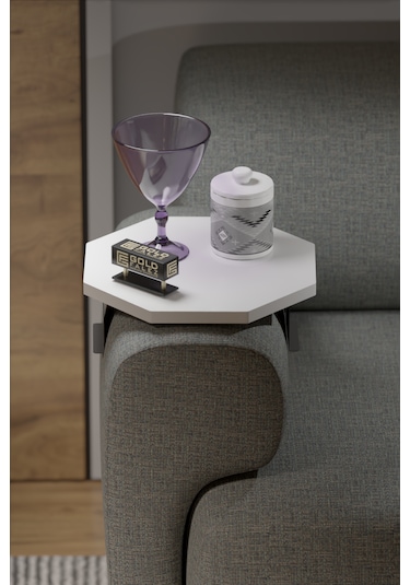 İkili Yan Sehpa Ayarlanabilir Tepsi Sekizgen Beyaz