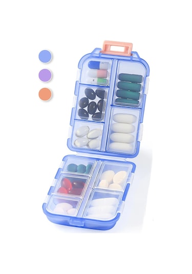 Symbee Mavi Gezi İlaç Kutusu 10 Bölmeli, Portatif Vitamin Ve Tablet Depolama Kabı, Kolay İlaç Takibi İçin Mavi