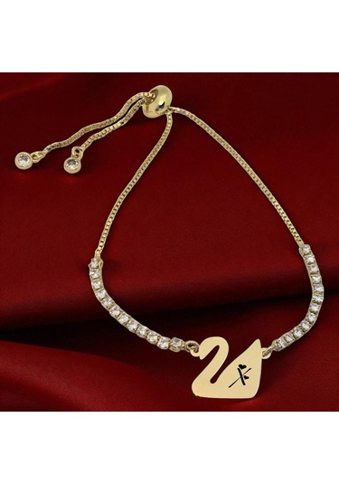 Archin X Harfine Özel Beyaz Taş Detaylı Kuğu Kuşu Motifli 14 Ayar Altın Plakalı Hediye Bileklik-601harf X