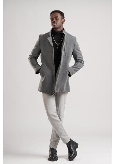 Slimfit Hakim Yaka Düğme Kapamalı Yan Cepli Astarlı Tek Yırtmaçlı Yünlü Kaşe Kaban Gri
