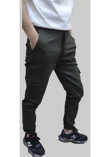 Erkek Jogger Beli Ve Paçası Lastikli Keten Haki Kargo Pantolon Haki