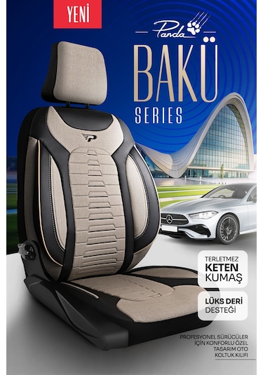 Bej - Siyah Panda Bakü Serısı Keten Kumaş Oto Koltuk Kılıfı - Tam Set