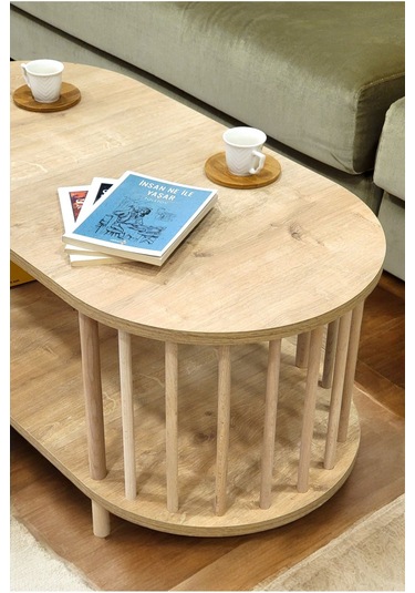 Orta Sehpa Ahşap Ayaklı Sehpa İki Raflı Sehpa Dekoratif Sehpa Gazetelikli Safir Meşe