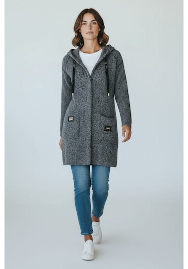 Kadın Üstten Cepli Kapüşonlu Önü Fermuarlı Kaşe Hırka Gri