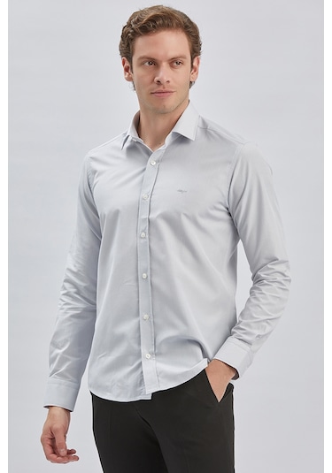 Gri Uzun Kollu Bez Ayağı Sert Yaka Cepsiz Pamuklu Klasik Slim Fit Dar Kesim Gömlek 1004240230 Gri