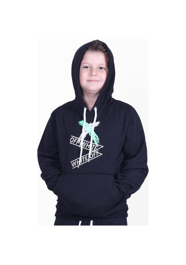 X Baskılı Kanguru Cepli Kapüşonlu Erkek Çocuk Siyah Sweatshirt Siyah