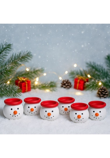 Yeniyıl Yılbaşı Dekoru İçin 6 Lı Noel Kardan Adam Figürlü Dekoratif El Yapımı Mini Mumluk Seti 5 Cm Dekoratif Obje