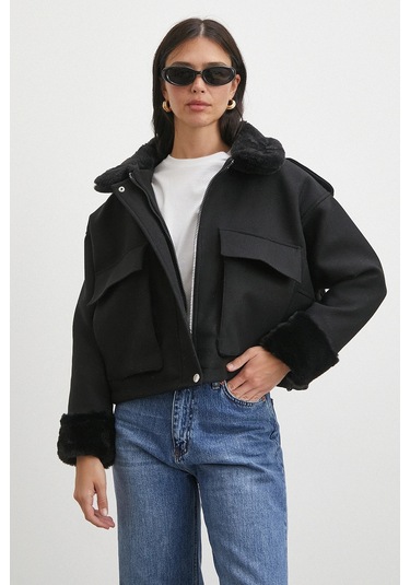 Apoletli Yünlü Körük Cepli Kaşe Mont Siyah Siyah