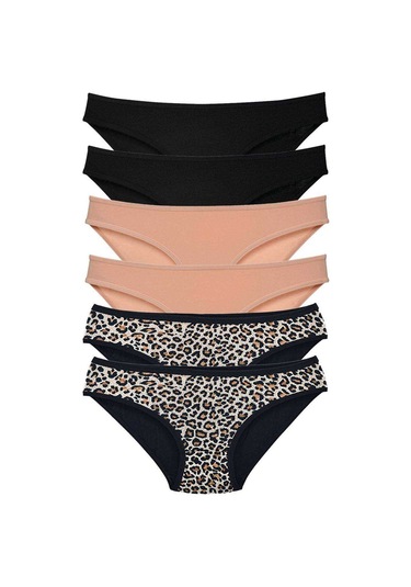 6 Adet Likralı Kadın Slip Külot Leopar Siyah Ten