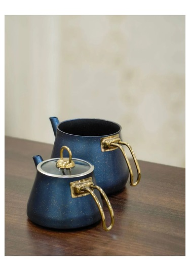 Yunusoğlu Home Granit Kaplama Gold Kulplu Cam Kapak Çaydanlık Mav