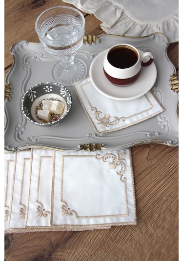 Köşeli 6'lı Kokteyl Kahve Sunum Peçetesi Nakış İşlemeli Gardenya Sunumluk Bronz