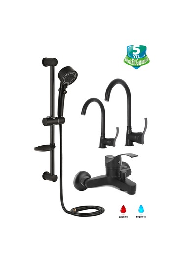 Dalgalı Kol Siyah Duş Seti Pervaneli Duş Başlığı Duş Çeşmesi Lavabo Mutfak Bataryası Siyah