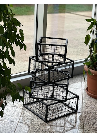 Metal Tel Kasa Sepet - 4'lü Set - Dekoratif, Taşınabilir Ürün Kasası, Sele Sepet 30-35-40-45 Cm H:40 Cm Siyah