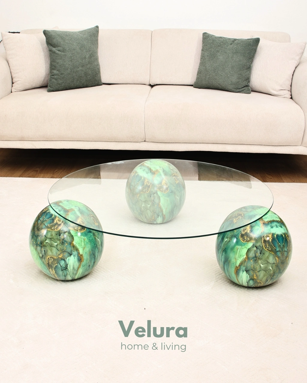 Modern Orta Sehpa & Top Sehpa Cam Sehpa & Küre Orta Sehpa - Jungle - Yuvarlak - Şeffaf Cam Çok Renkli