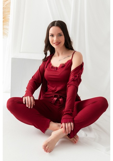 Sabahlıklı Dantel Detaylı Pegasus Kadın Pijama Takımı-çeyizlik Takım- Geniş Beden Aralığı Bordo