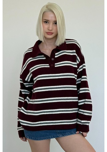 Bordo Polo Yaka Çizgili Kadın Triko Kazak Mg2469 Bordo