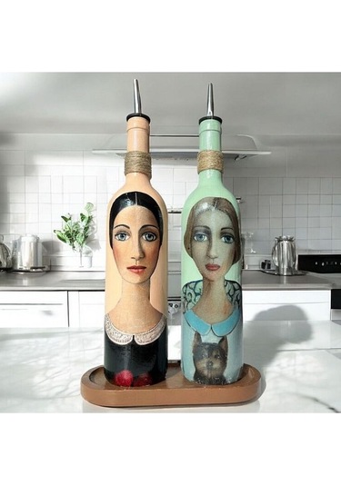 Kadın Desenli 750 Ml Zeytinyağı Sıvıyağ Şişesi Yağdanlık Yağlık Sirkelik Sosluk 2'li Set 56889110 Çok Renkli