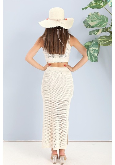 Etek Astarlı Yırtmaçlı Triko - Ekru - Kadın Ekru