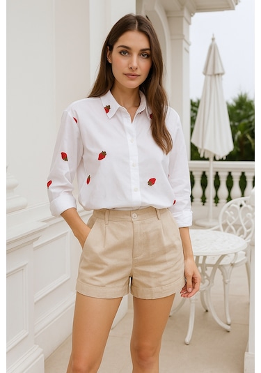 Kadın Çilek Desenli Beyaz Pamuk Gömlek Ekru