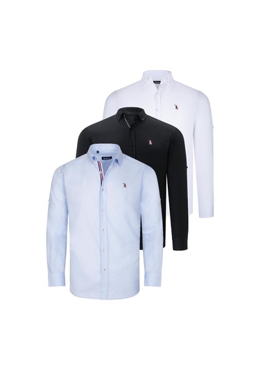 Üçlü Set G674 Dewberry Erkek Gömlek-siyah-beyaz-açık Mavi Siyah-beyaz-açık Mavi
