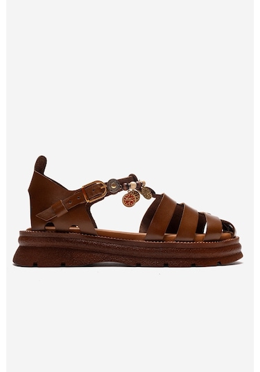 Luvishoes Solıs Taba Hakiki Deri Boncuklu Kadın Sandalet
