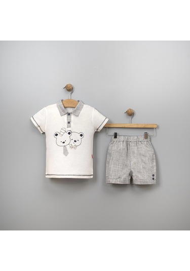 Yazlık Mobil Kravatlı Ayıcık Nakışlı Bebe2'li Erkek Takım Gri