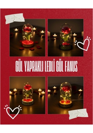 Gül Yapraklı Işıklı Ters Fanus İçinde Gül Obje