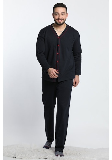 Lukitus Uzun Kollu Önden Düğmeli Erkek Pijama Takımı Lacivert Siyah