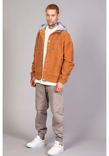 Erkek Camel Çıkarılabilir Kapüşonlu Oversize Pamuklu Kadife C... CAMEL