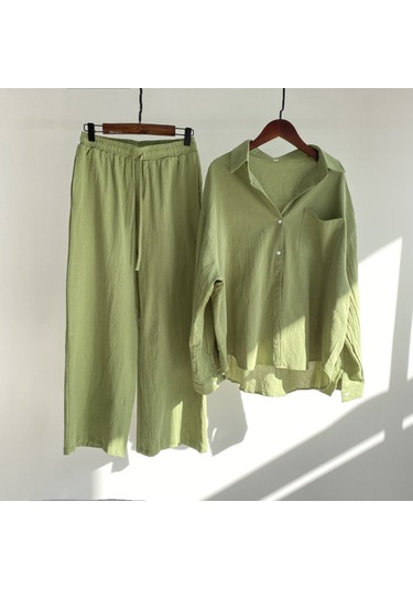 H4.yeşil..pamuk-keten Karışımlı Comfort İkili Kadın Takım Yeşil