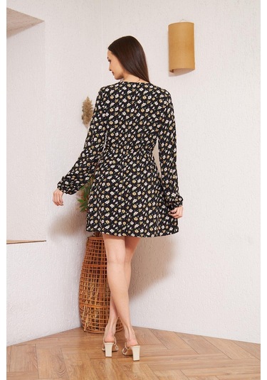 Siyah Çiçek Desenli Elbise Dm1025