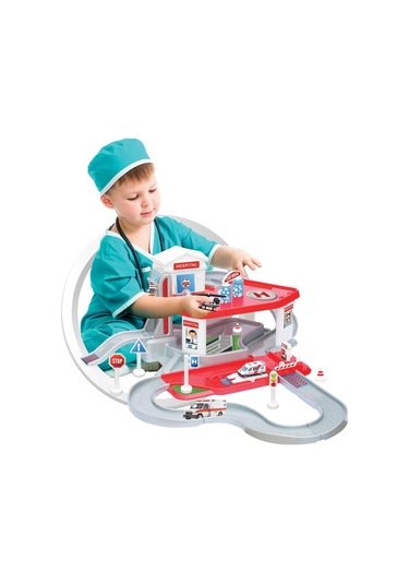 İki Katlı Hastane Garaj Seti - Otopark Seti - Araba Seti - Doktor Oyuncak - İki Katlı Garaj