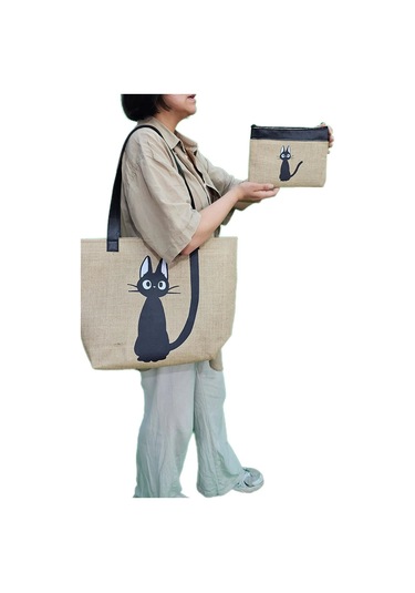 Kedi Baskılı Deri Saplı Hasır Kumaş Baskılı Plaj Çantası Açık Kahverengi