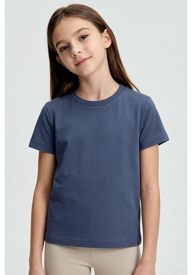 Koyu Mavi O Yaka Standart Fit Basic Unisex Çocuk T-shirt - 11328 Koyu Mavi