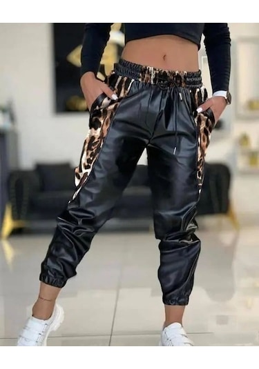 Bel Ve Paça Lastikli Detay Yanları Leopar Bağcıklı Deri Pantolon Siyah